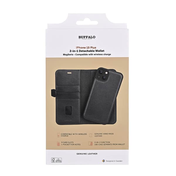 Buffalo Wallet 2-i-1 3 Kort MagSeries Sort - iPhone 15 Plus