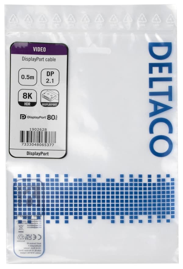 DELTACO DisplayPort cable, DP 2.1, DP80, 0,5m