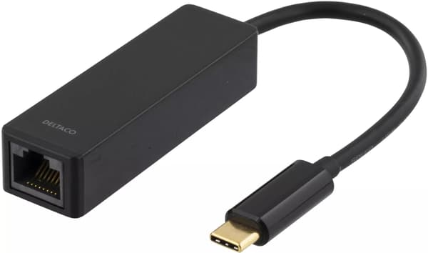 DELTACO, USB 3.1 netværksadapter, 1xRJ45, 1xUSB-C han, sort