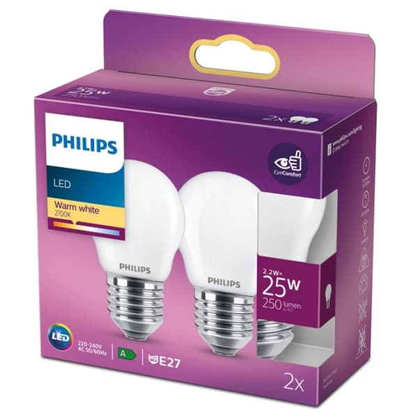 Philips 2-pakning LED E27 P45 Sphere 25W Frost 250lm