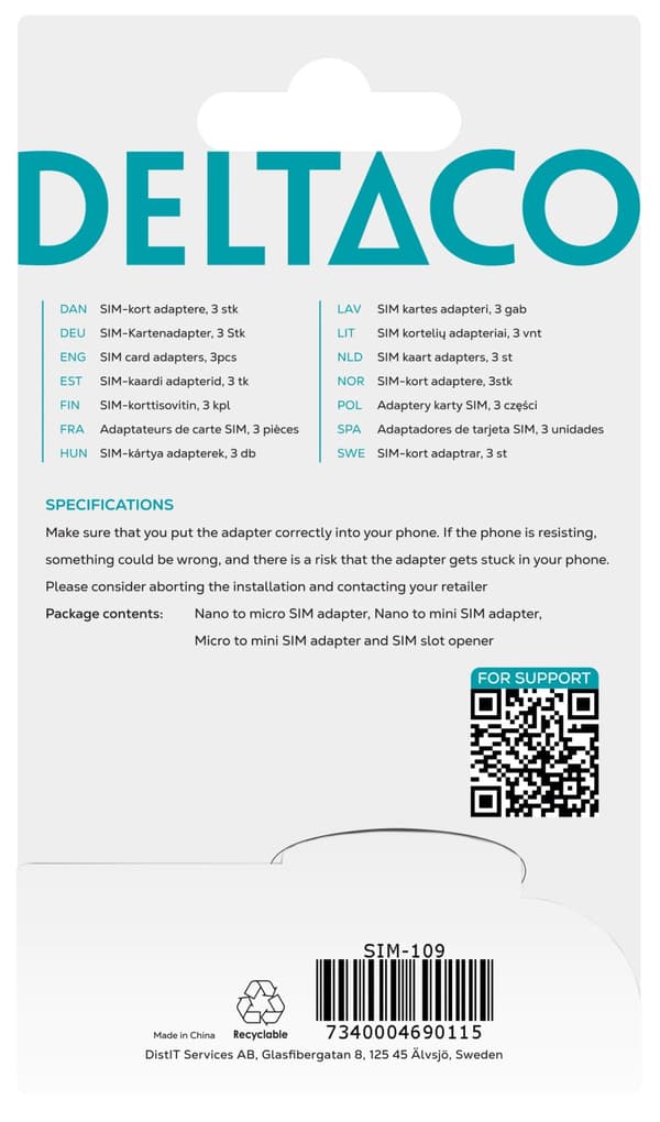 DELTACO SIM-korttisovitin,  micro/mini/nano-sim, musta