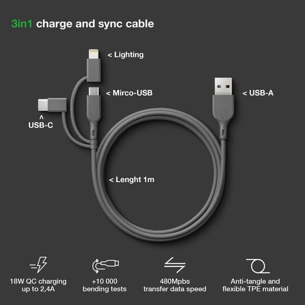 GP Kabel USB-A Til USB-C 3-I-1 Micro-USB + Lightning CY1N 1m