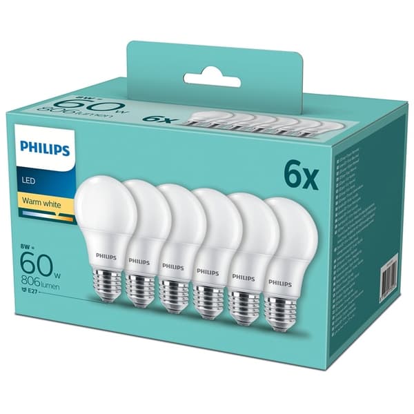 Philips 6-pakning LED E27 Normal Frost 60W 806lm