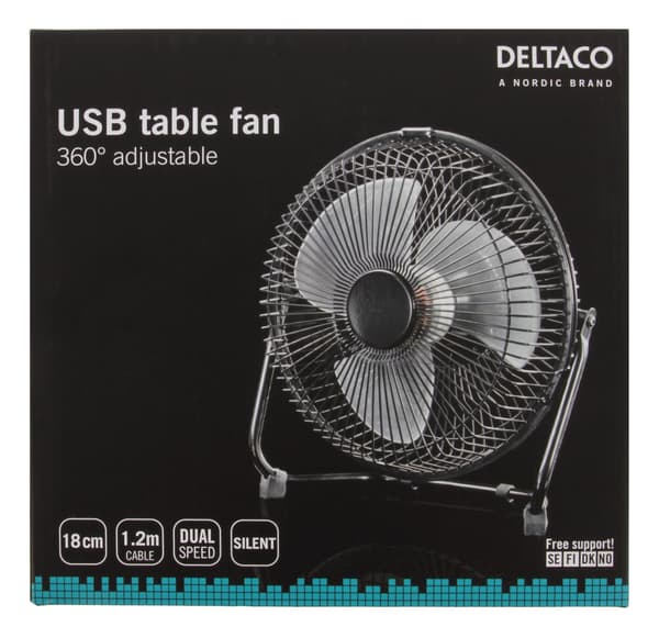 Deltaco USB fan, 20cm, table model, 1x USB Type A ma, black