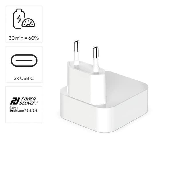 Hama Lader 2xUSB-C GaN PD 40W Rask Sammenleggbar Mini Hvit