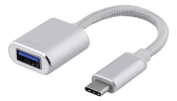 DELTACO USB-C 3.1 Gen 1 til USB-A OTG-adapter, aluminium, salgseske, sølv