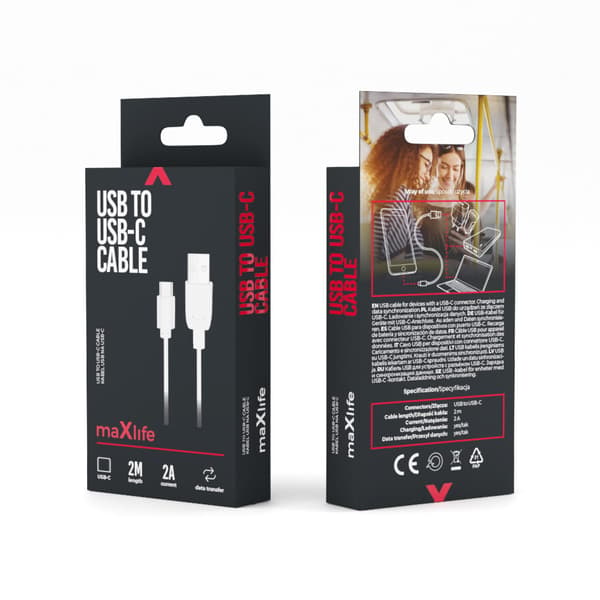 Maxlife-kabel USB - USB-C 2,0 m 2A, hvit