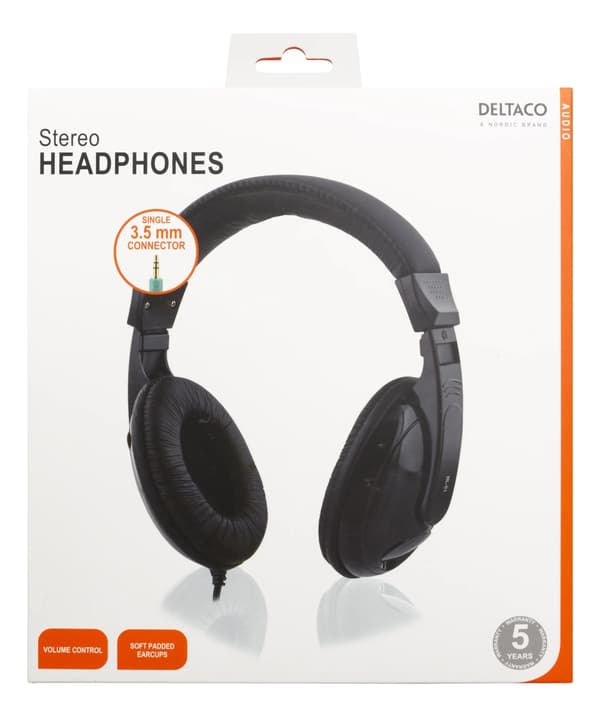 DELTACO høretelefoner, volumekontrol, 2,5m kabel, sort