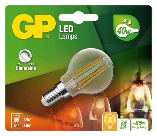 GP LED-lampun hehkulanka Mini Globe, E14, DIM, 5W (40W), 470lm
