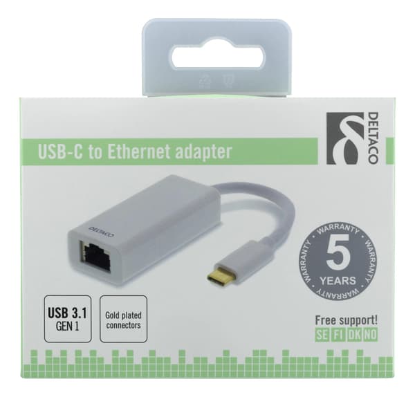 DELTACO, USB 3.1 netværksadapter, 1xRJ45, 1xUSB-C han, hvid