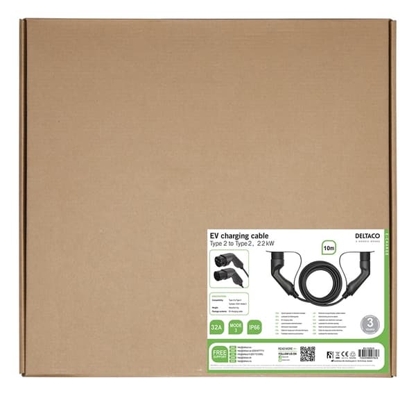 DELTACO e-Charge, kabel type 2 - type 2, 3-fase, 32A, 10M
