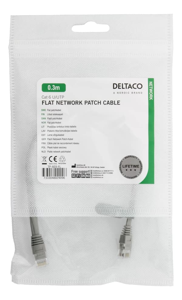 DELTACO U/UTP Cat6 patch cable, flat, 0,3m, Delta-cert, LSZH, gray