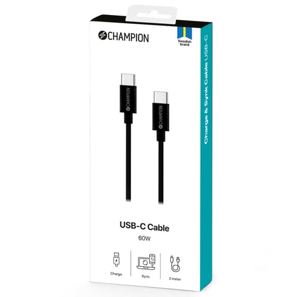 Champion USB-C-kabel 60W 2m svart