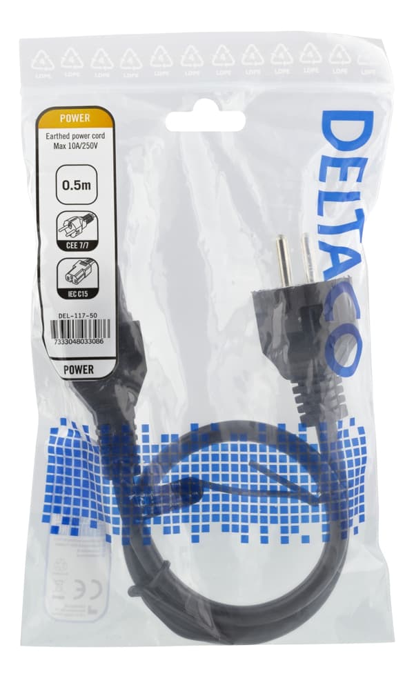 DELTACO Strøm CEE 7/7 Strøm IEC 60320 C15 Sort 50cm Strømkabel