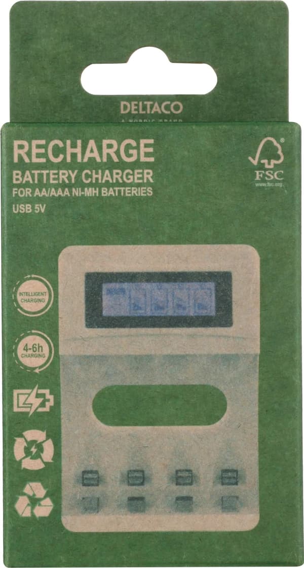 DELTACO Ultimate Ni-Mh USB laddare för AA/AAA batterier, display