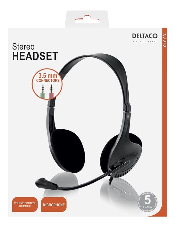 DELTACO headset, 32 Ohm, 2,5 m kabel, svart
