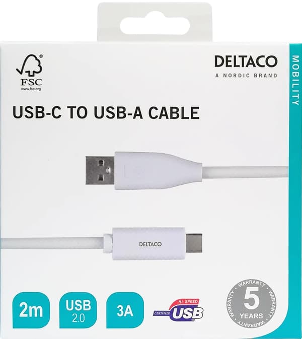 DELTACO USB-C till USB-A kabel, 2m, 3A, USB 2.0, vit