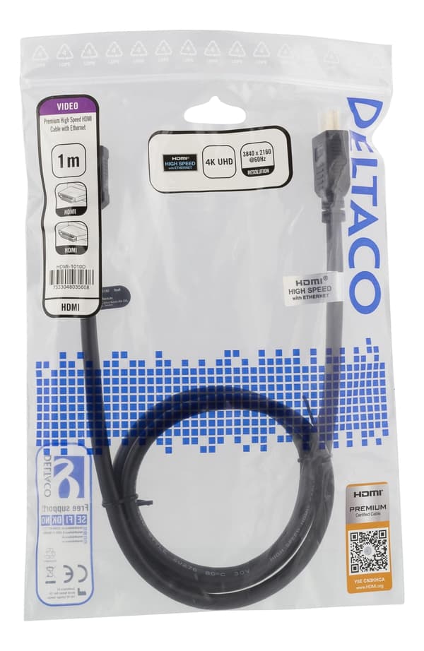 DELTACO High-Speed Premium HDMI cable, 1m, Ethernet, 4K UHD, black