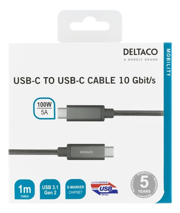 DELTACO USB-C SuperSpeed -kaapeli, 1m, USB 3.1 Gen 1, 100W, harmaa