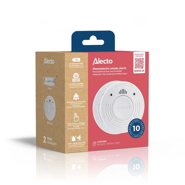Alecto Rökdetektor med 10 års drifttid för batteri och sensor 2-pack Vit