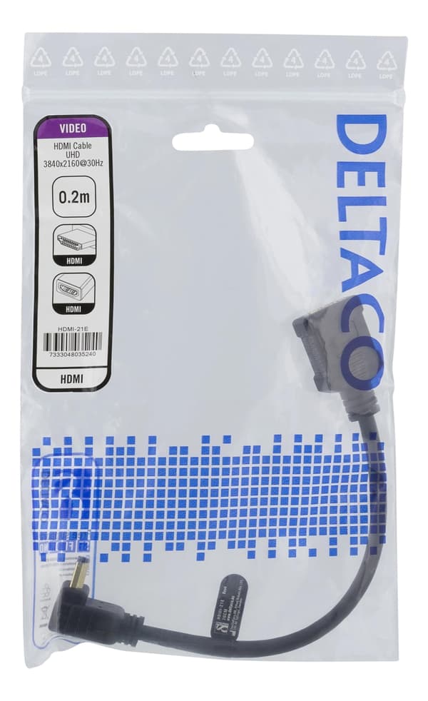DELTACO HDMI-sovitin, 0,2m, taipuisa, lovitet. alapuolelta, UHD, musta
