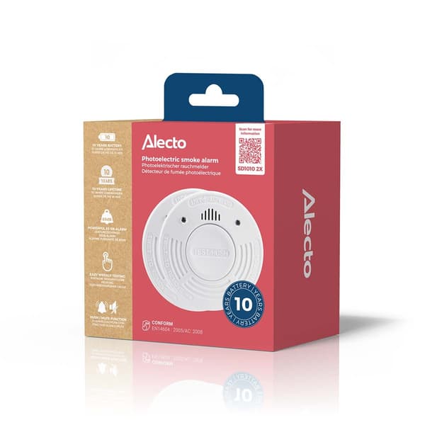 Alecto Rökdetektor med 10 års drifttid för batteri och sensor 2-pack Vit