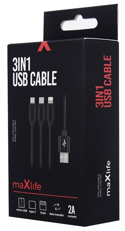 3in1 USB-pikalatauskaapeli - microUSB/USB-C/Lightning (2.1A), musta