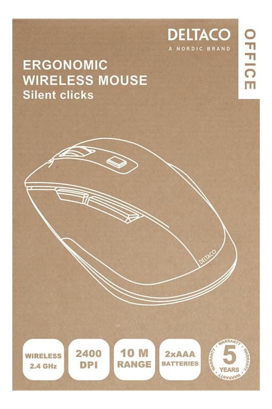 DELTACO Office Wireless ergonomic mouse, silent clicks, 2400 DPI