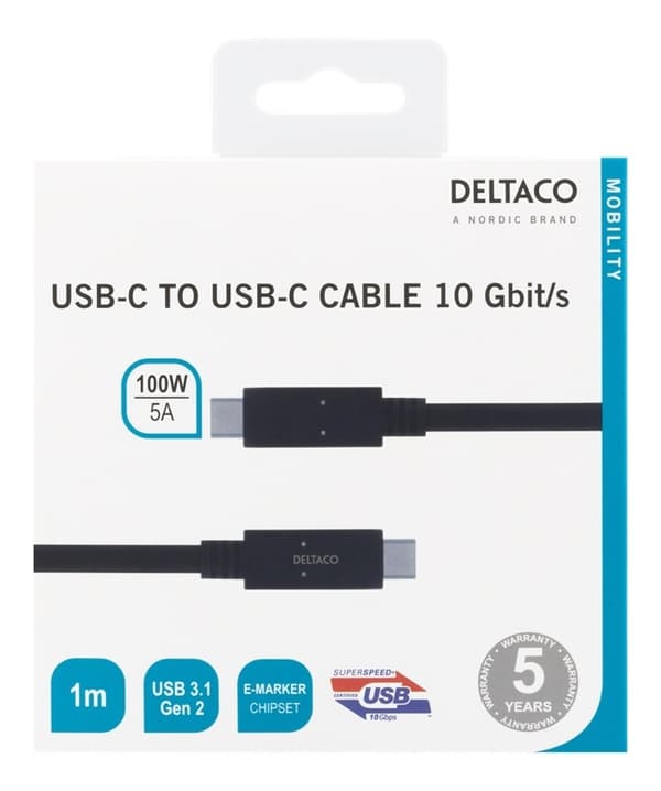 DELTACO USB-C til USB-C-kabel, 1 m, 10 Gbps, 100 W 5A, USB 3.1 Gen 2, E-merket