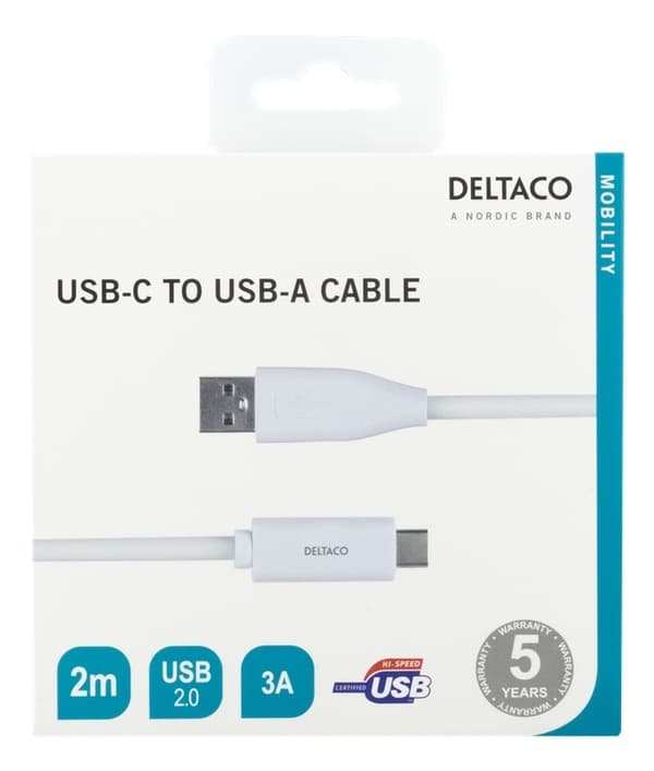 DELTACO USB-C till USB-A kabel, 2m, 3A, USB 2.0, vit