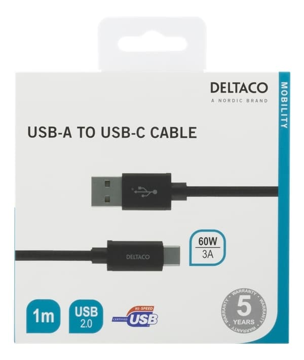 DELTACO USB-A - USB-C-kaapeli, 1m, USB 2.0, punottu, musta