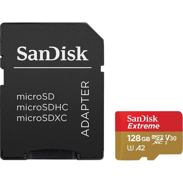 MicroSDXC Extreme 128GB 190MB/s A2 C10 V30 sovittimen kanssa