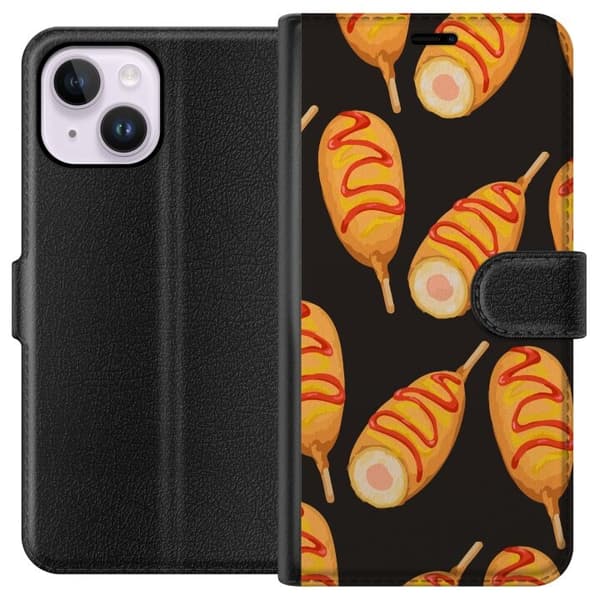 Tegnebogsetui til Apple iPhone 15 Plus med Kyllingedrumstick motiv