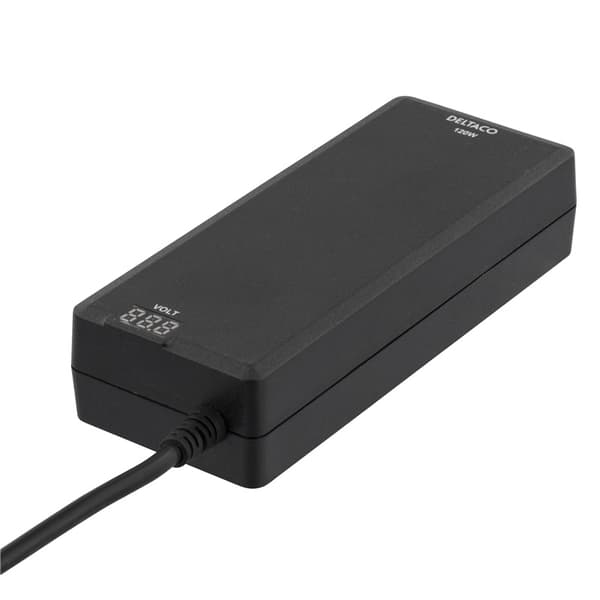DELTACO laddare för notebook, 15-20 V, 8 A, 120 W, LED-display