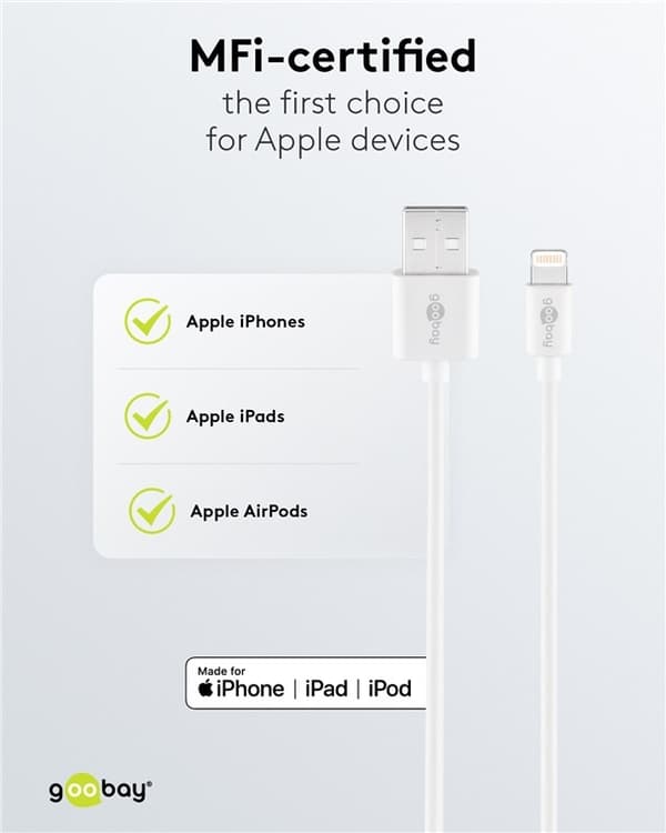 Goobay Lightning USB-kabel for lading og synkronisering, 2 m, hvit MFi-kabel for Apple iPhone/iPad