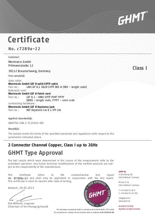 Goobay GHMT-certifierad CAT 8.1 patchkabel, S/FTP (PiMF), vit kopparledare, LSZH halogenfri kabelhölje, 2 m