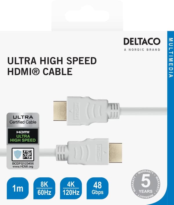 DELTACO ULTRA High Speed HDMI-kabel, 48Gbps, 1m, vit
