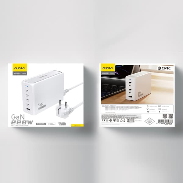 Dudao A228EU 228Watt GaN-adapter 4xUSB-C + 1xUSB-A Hvit