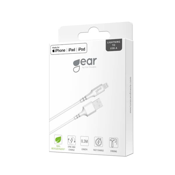 Gear Rund ladekabel Lightning til USB-A 0,3m Hvit MFI