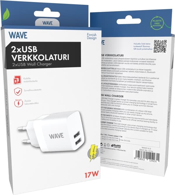 Wave netoplader 2 x USB, 17W, hvid