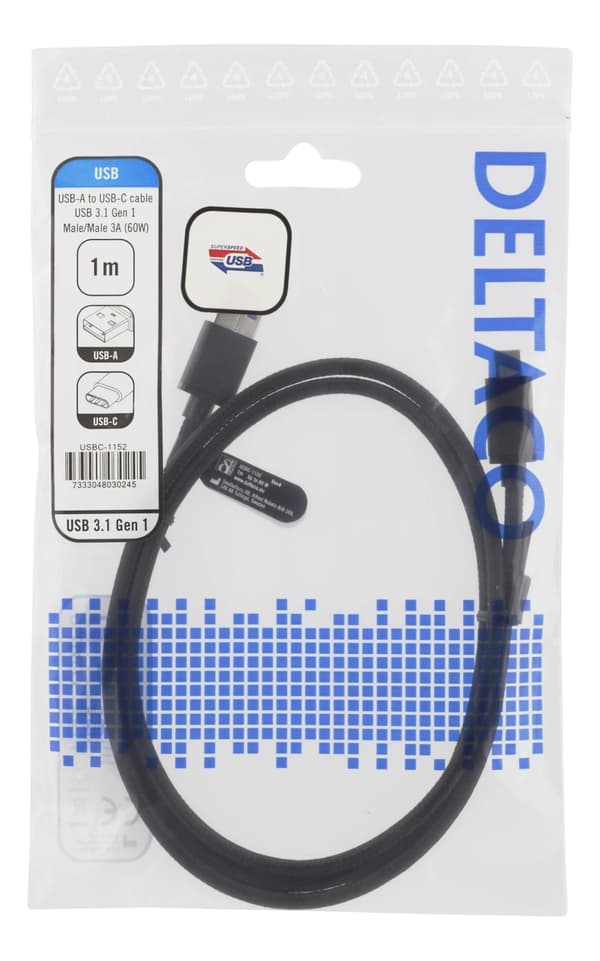 DELTACO USB 3.1 Gen1 USB-A - USB-C, kangaspääll., 1m, 3A 60W, musta