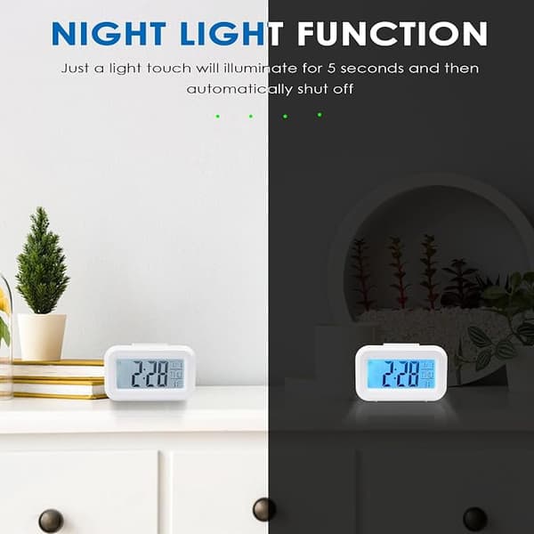Digital väckarklocka, LED-display, intelligent temperaturväckarklocka, batteri, vit