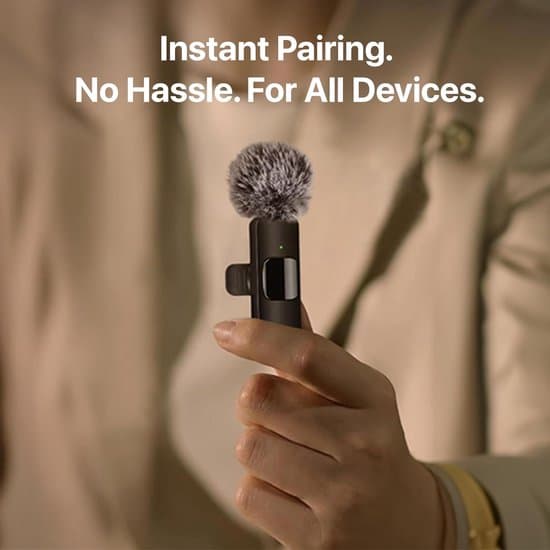 Trådløst dobbelt reversmikrofonsæt (USB-C & Lightning, 20m rækkevidde, støjreducerende).