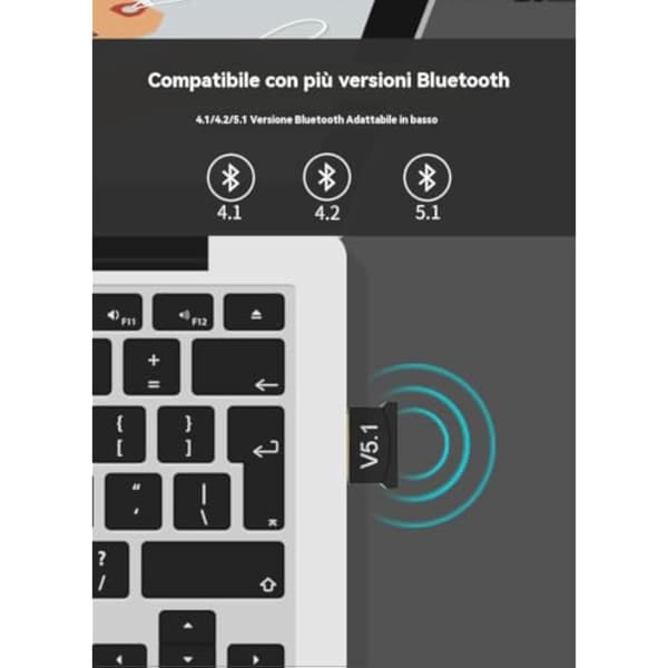 Adapter stöder Bluetooth 5.1 och USB; för datorer/laptops, Windows 11/10/8.1/7/Linux (5.1).