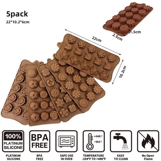 5-delt non-stick silikone bageformssæt til chokolade, slik og gelé