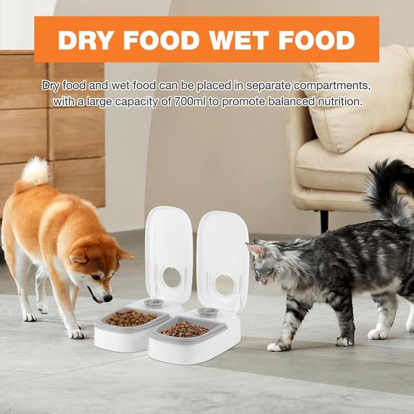 Automatisk foderautomat, 2 portioner (700 ml hver), 48-timers timer, velegnet til katte og små hunde.