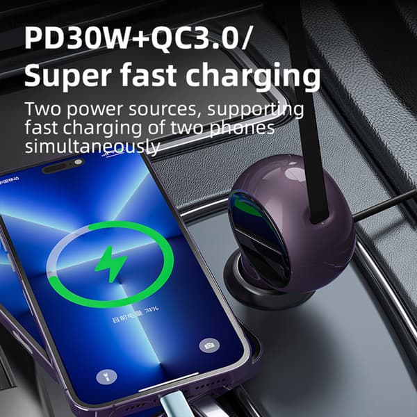 60W infällbar snabb billaddaradapter, kompatibel med iPhone, Samsung och Android-telefoner.