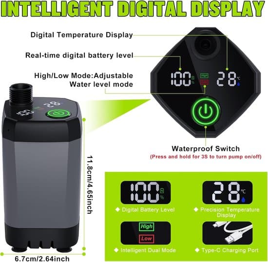 6000mAh Bärbar Campingsduschpump med Temperaturdisplay (2m slang, grå)