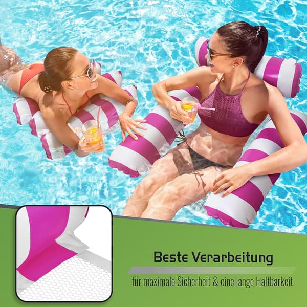 Oppustelig poolstol med ryglæn og armlæn, perfekt til afslapning.