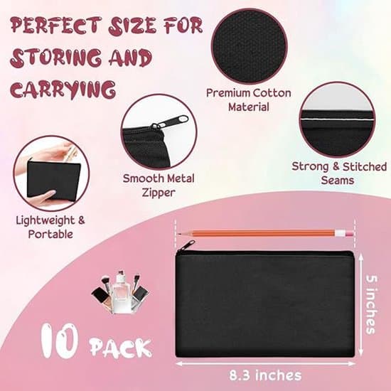10-pack förvaringsväskor - Canvas - Dragkedja - 21x12 cm - Svart